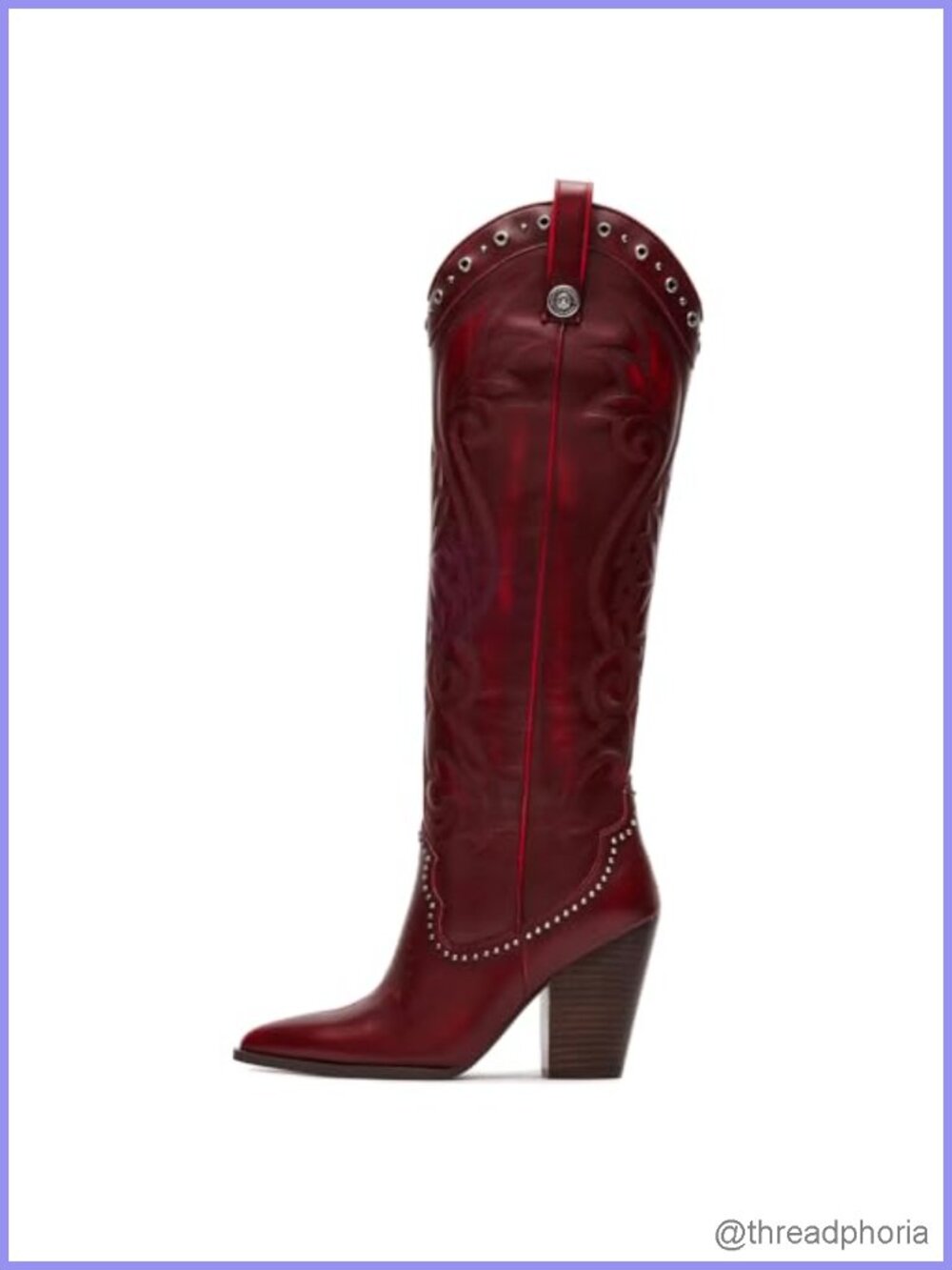 Knee High Cowboy Boots Pointed Toe Chunky Heel Embroidered PU Leather Wide Calf
